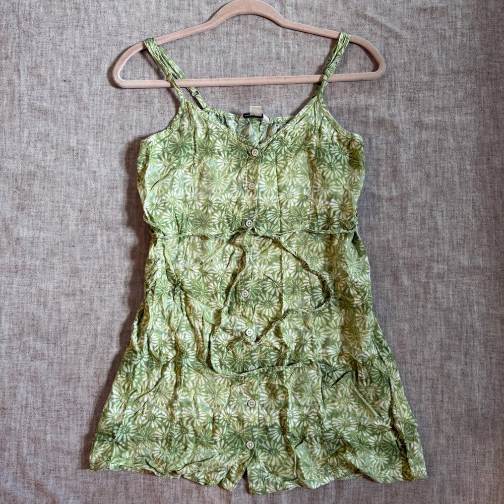 American Eagle Mini Dress Medium Green Floral Button Front Adjustable Strap Boho